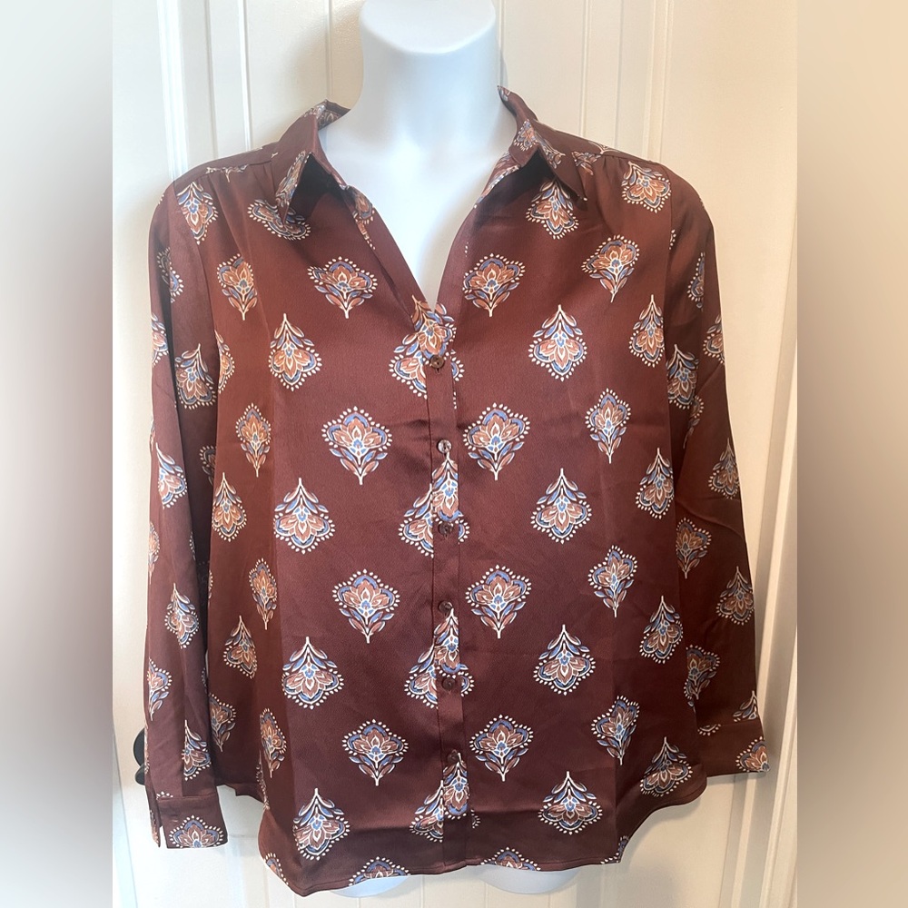 Anthropologie Pleione | Paisley Print Button Down Blouse in Bronze, Size XL & L